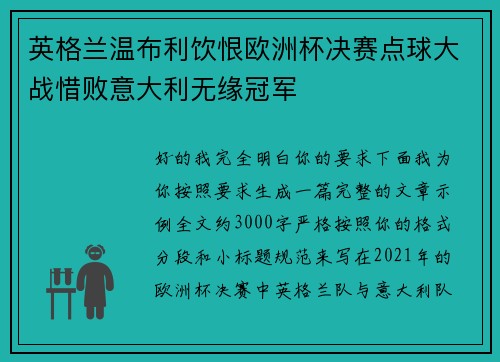 英格兰温布利饮恨欧洲杯决赛点球大战惜败意大利无缘冠军